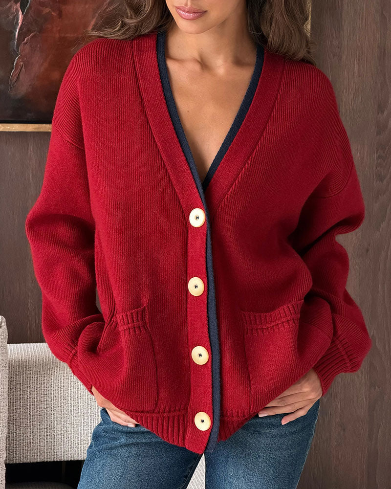 Cardigan à col en V avec boutons et poches en color block