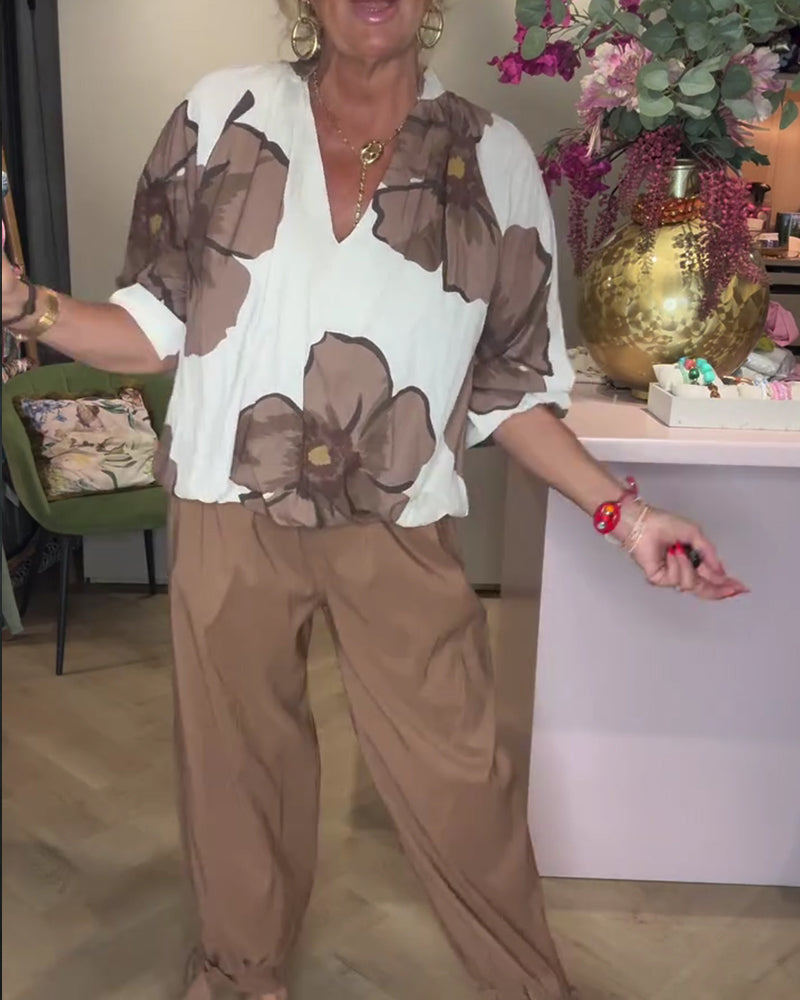 Blouse Col En V Fleuri Manches Mi-Longues Décontractée