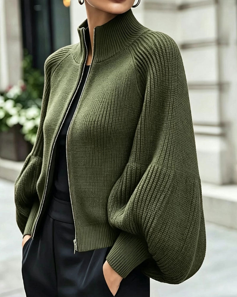 Manteau à col montant et manches lanternes avec fermeture éclair