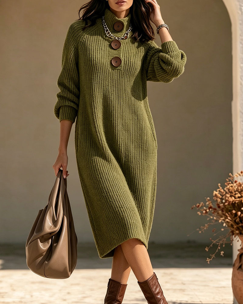 Robe Col Roulé Bouton Poche
