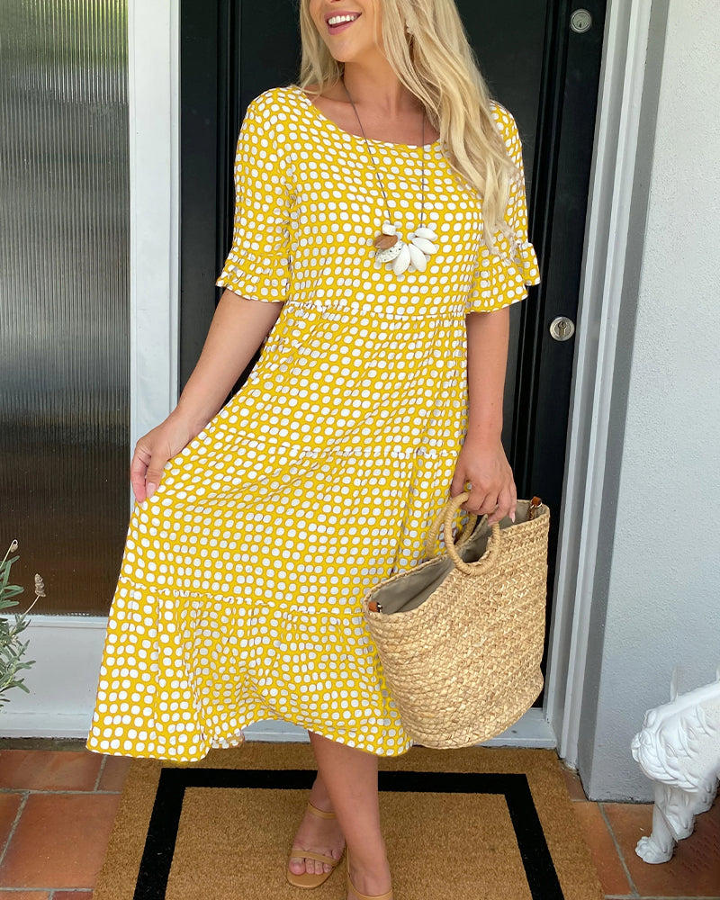 Robe midi à imprimé pois avec col rond