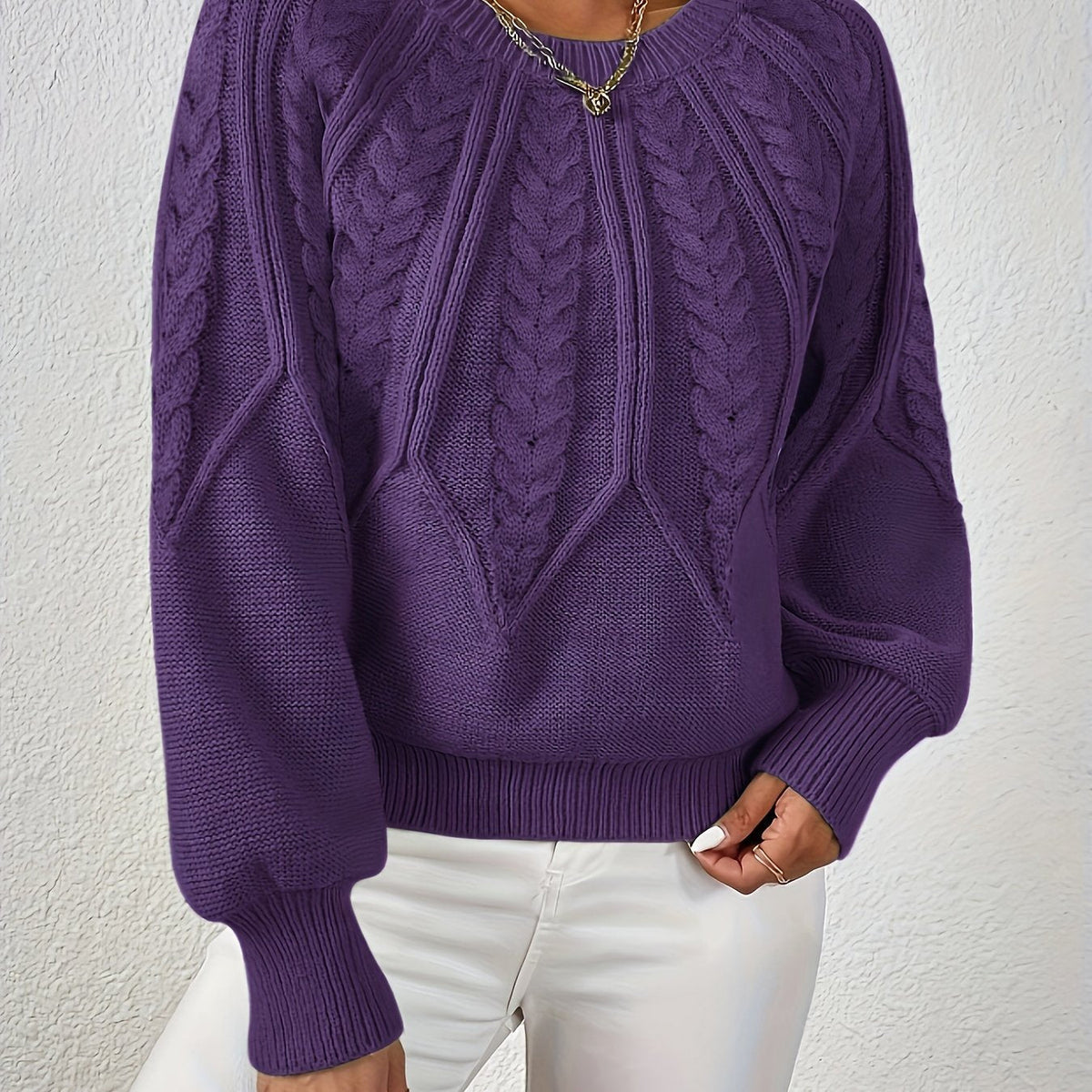 Pull en Tricot à Câbles pour Femme avec Col Rond et Manches Raglan