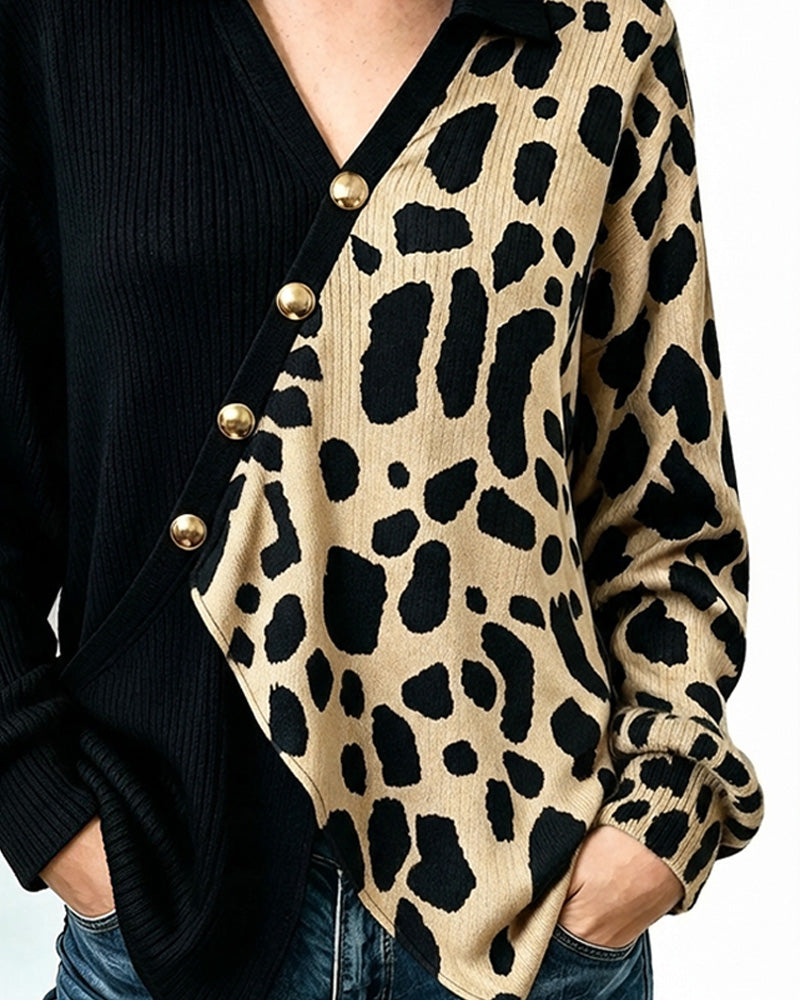 Pull à Col Asymétrique Patchwork Léopard