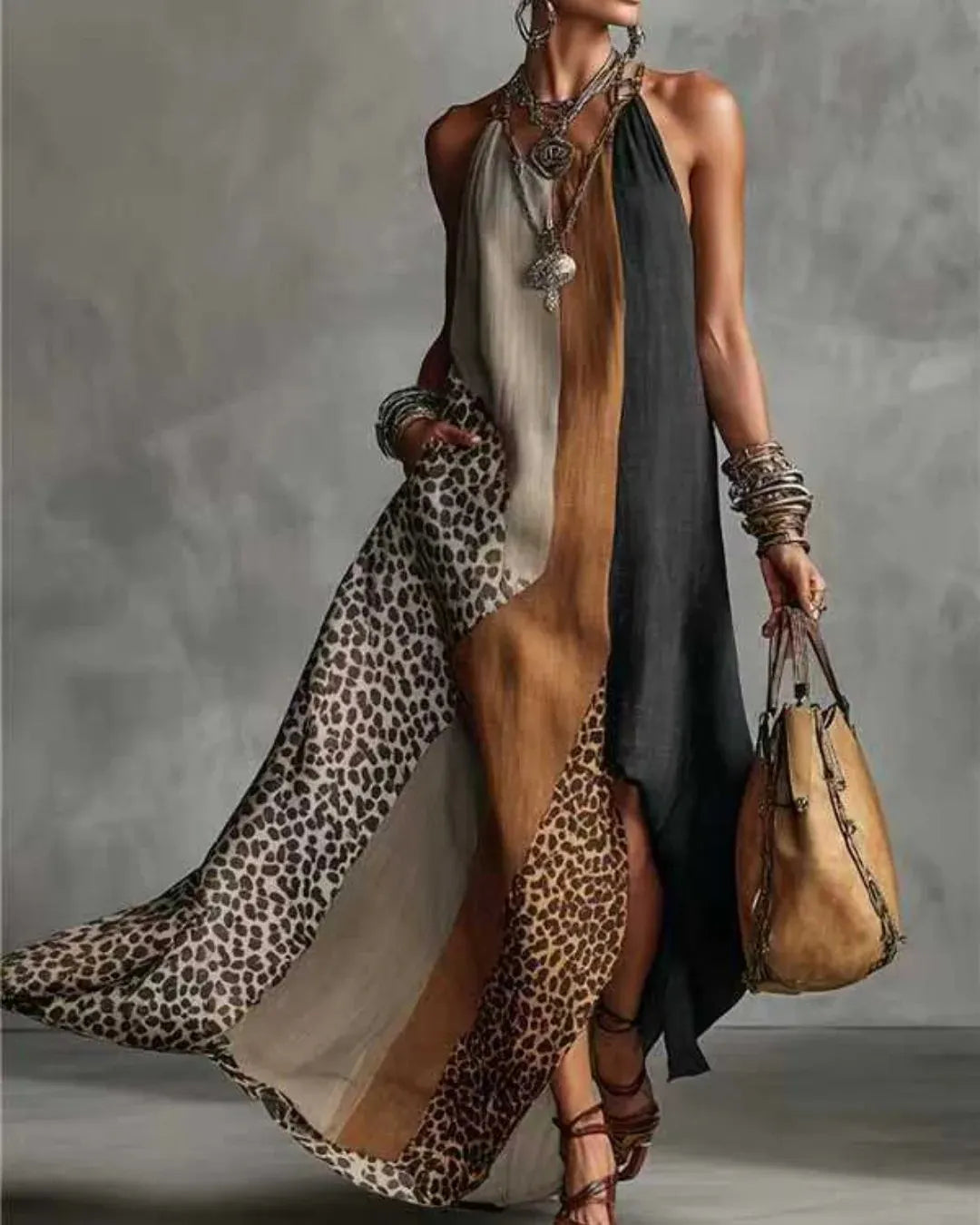Zasvie | Robe maxi sans manches avec motif léopard