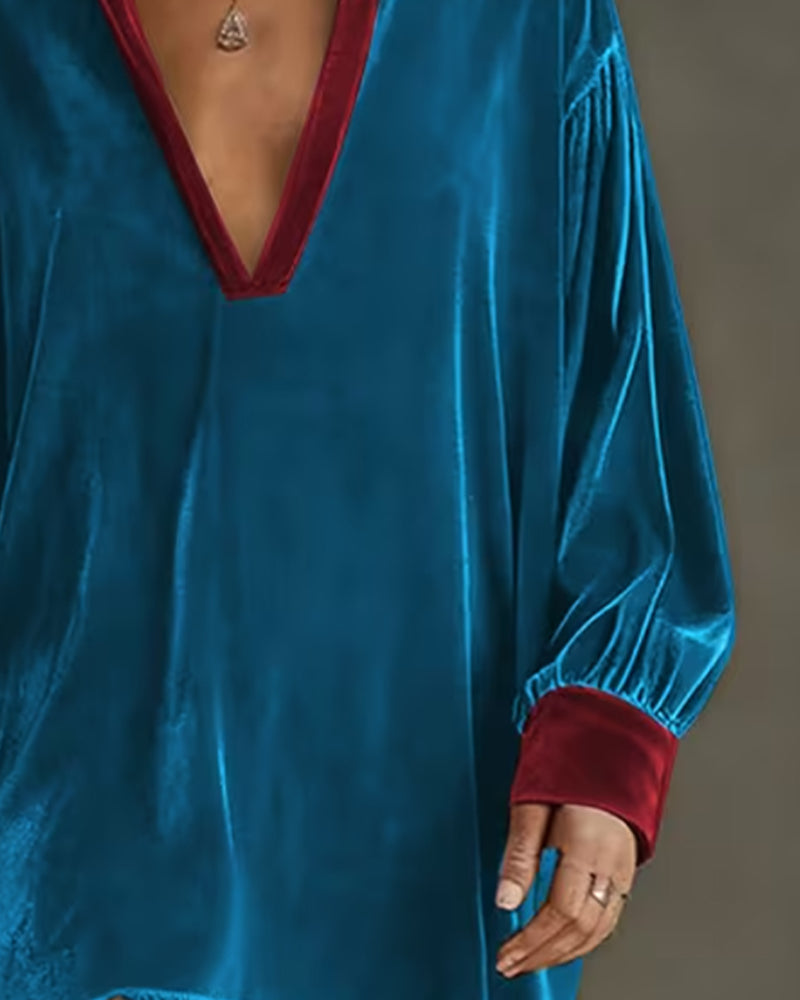 Robe Col V Revers Contraste Frange