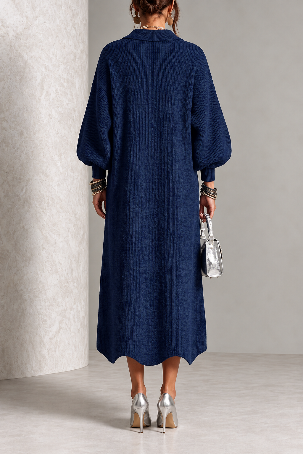 Robe midi femme en tricot avec boutons dorés