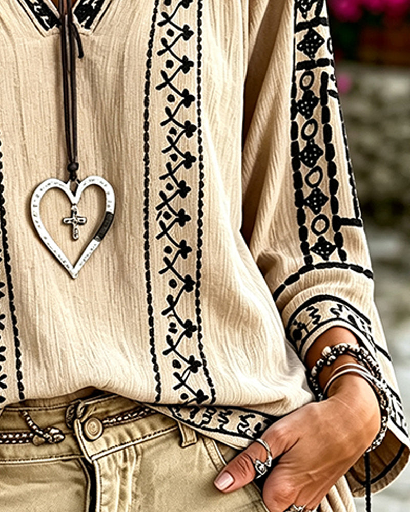 Blouse Col En V Ethnique Manches Mi-Longues Décontractée
