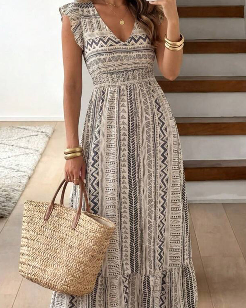 Robe Imprimé Géométrique Cintré Manche Papillon Maxi