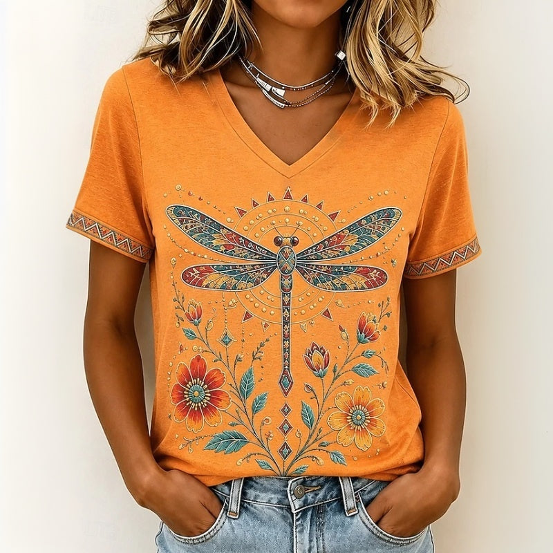 Tarilena | T-shirt décontracté à col en V avec imprimé libellule