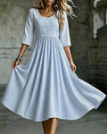Robe Rayée Col-Rond Taille-Haute Manche-Trois-Quarts