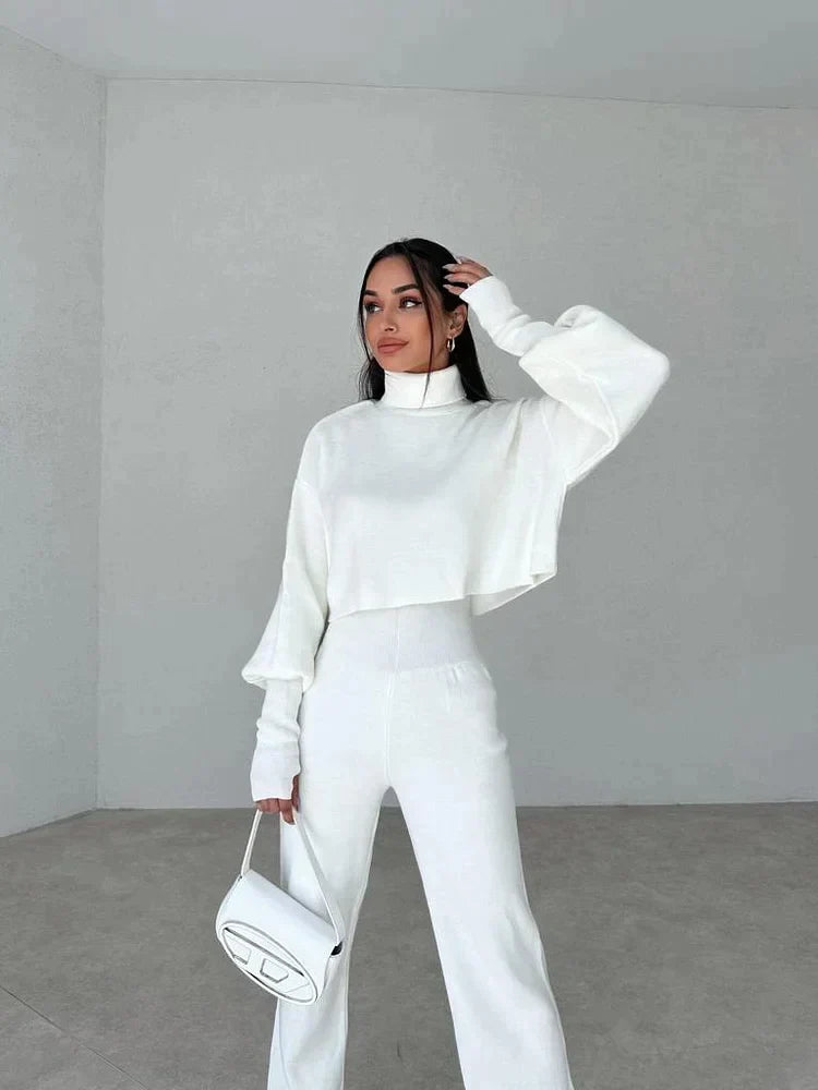 Ensemble Femme Deux Pièces Pull Col Montant Oversize Pantalon Droit