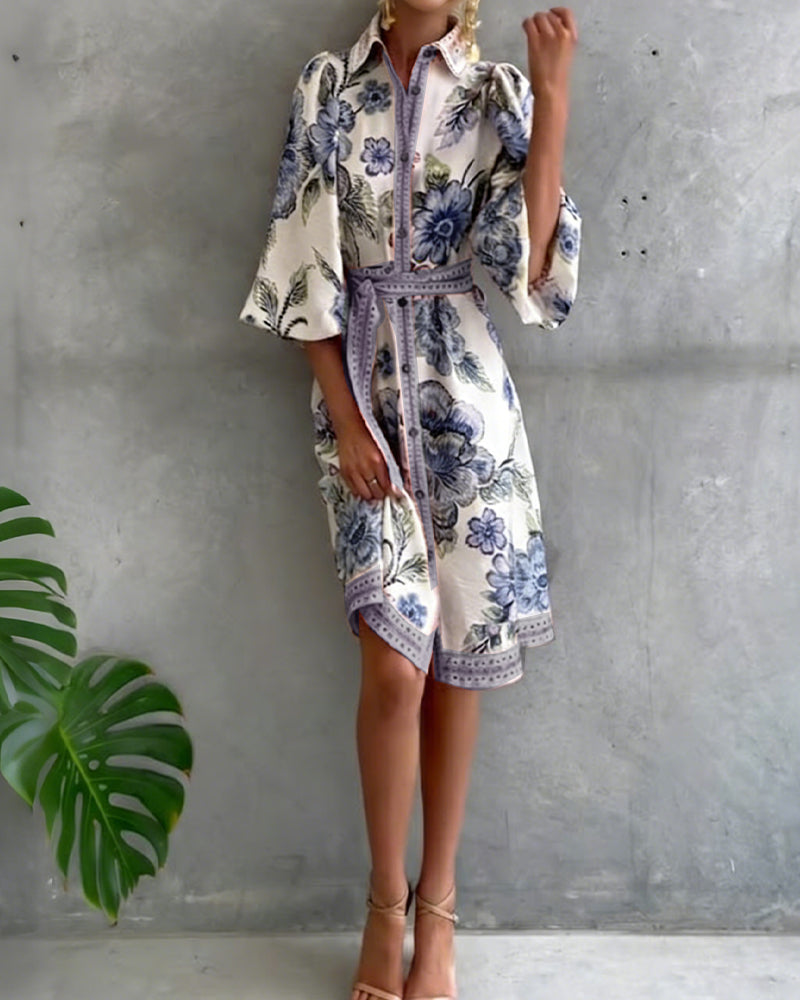 Robe imprimée à col notch et manches en lanterne