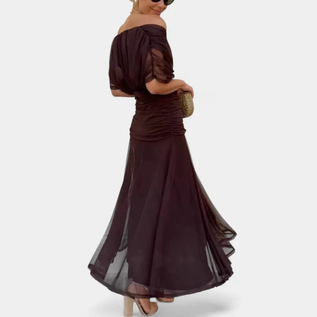 Madison | Robe Midi en Chiffon à Épaules Dégagées avec Détails Froncés