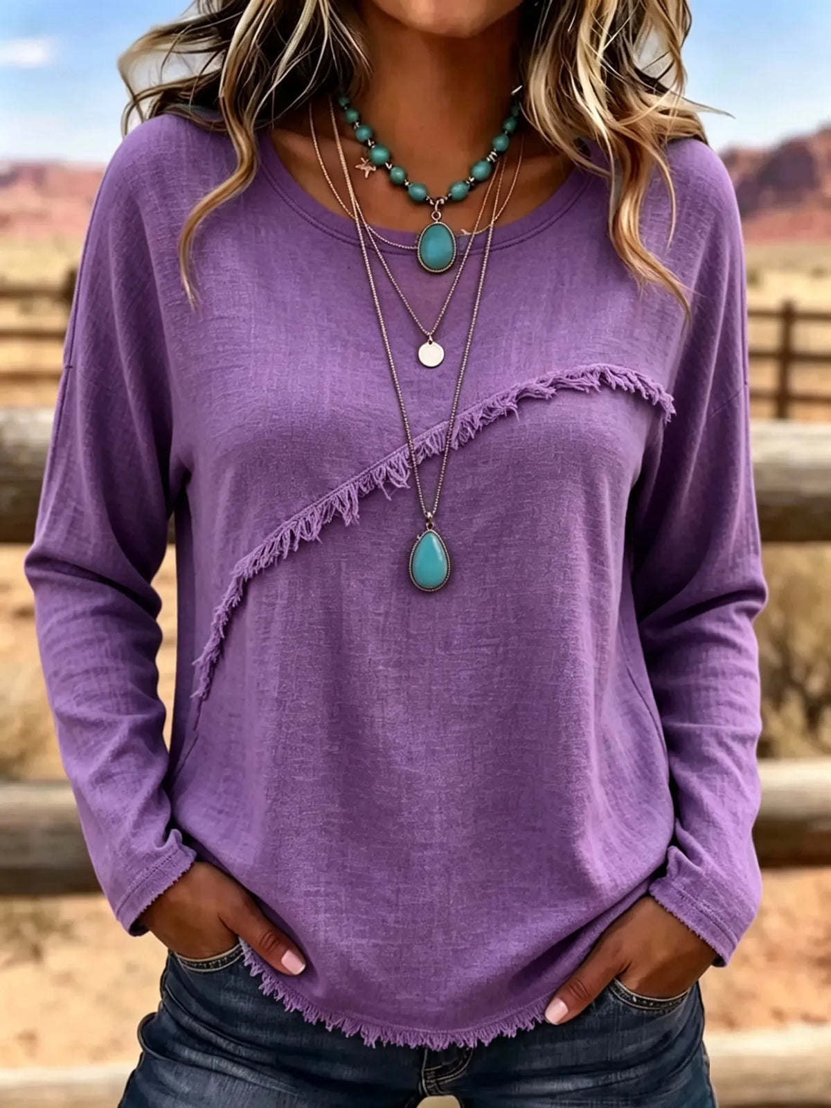 Blouse femme bohème à franges et col rond