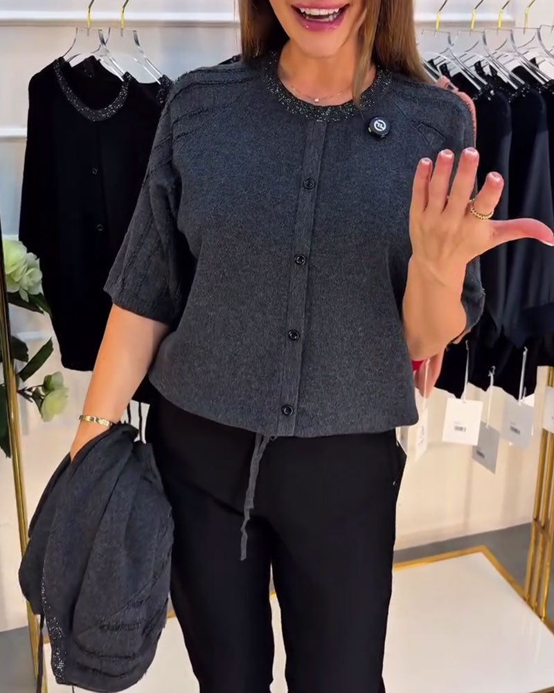 Pullover Col Rond Manches Courtes Simple Boutonnage