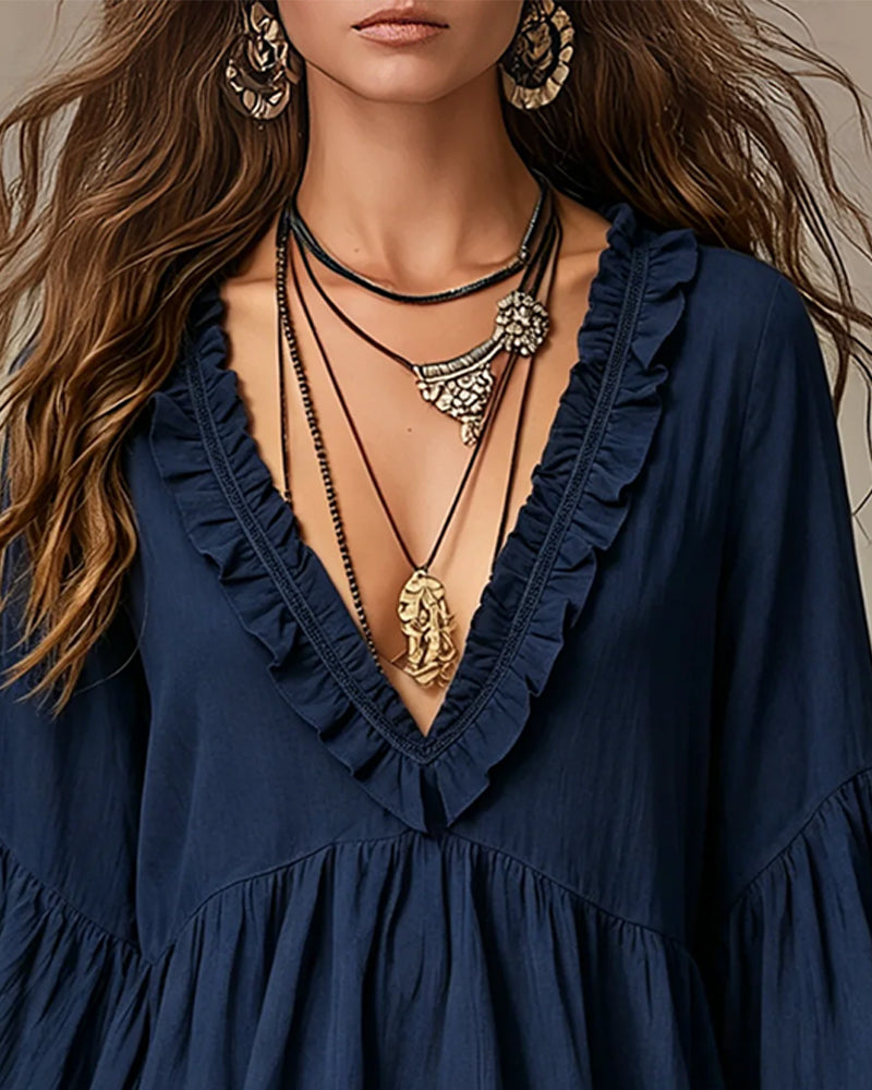 Blouse Col En V Scallop Volant Garniture