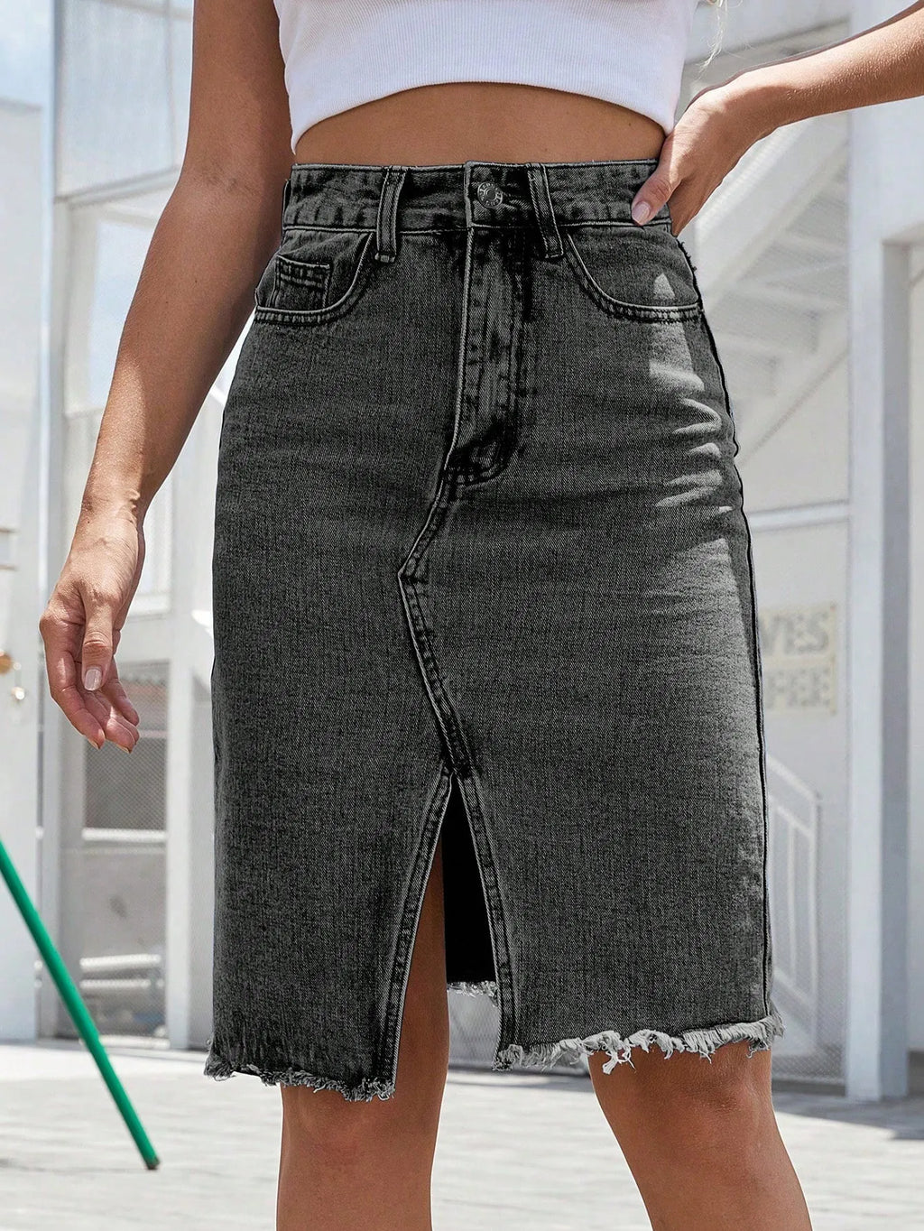 Jupe en denim femme taille haute avec fente devant