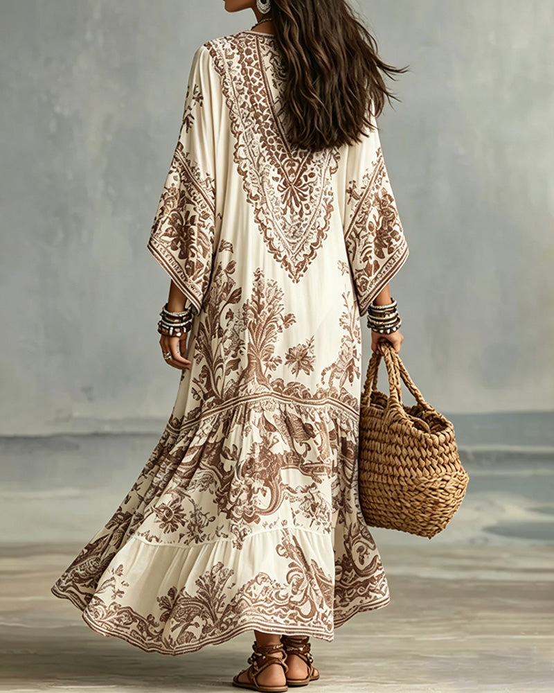 Robe Col En V Bohémienne Évasée Asymétrique