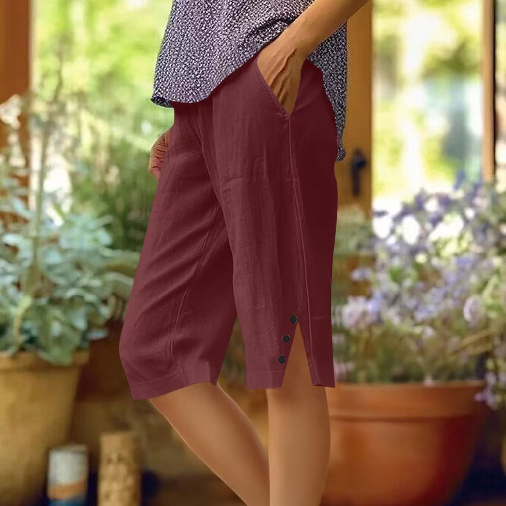 Pantalon capri femme uni avec poches latérales