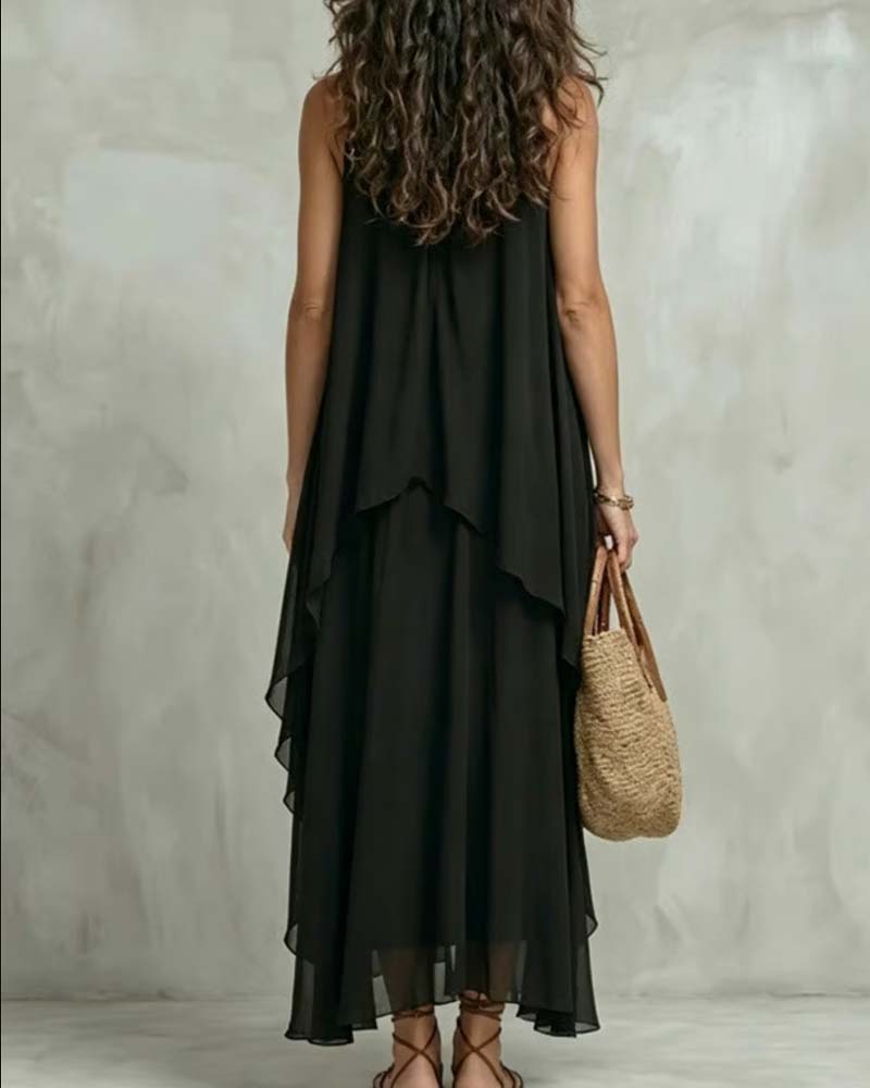 Robe Col Rond Sans Manches Chiffon Irrégulière