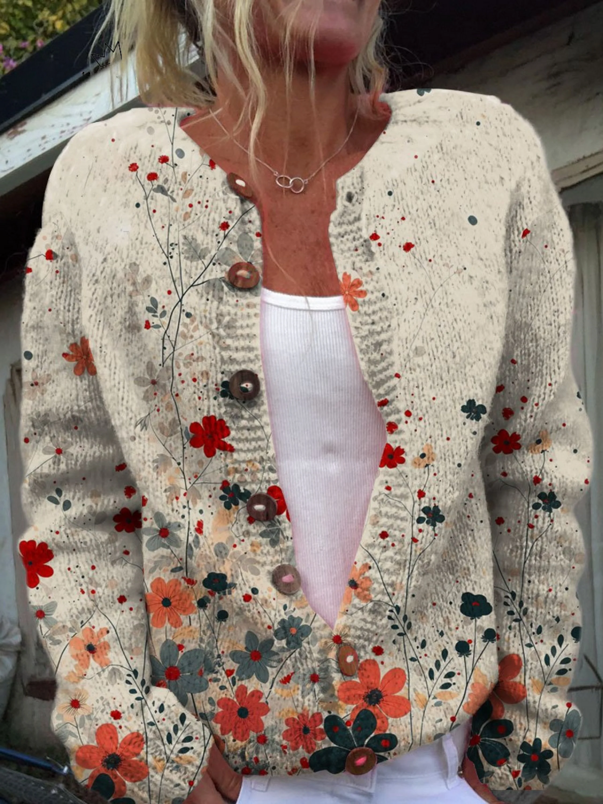 Impression artistique vintage de fleurs | Cardigan à boutons