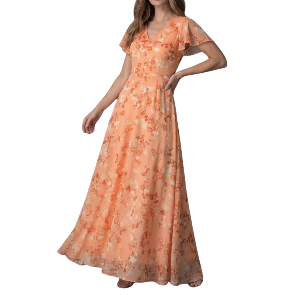 Robe de Soirée Invité de Mariage Longue en Mousseline à Manches Papillon