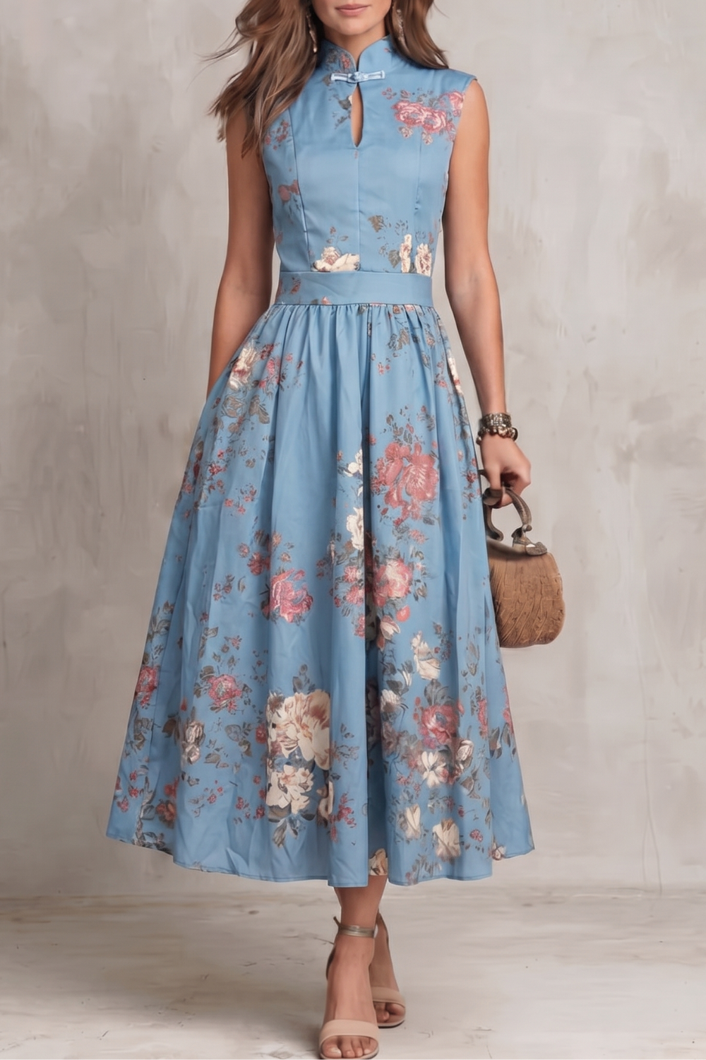 Noirelle | Robe fleurie midi sans manches pour femmes