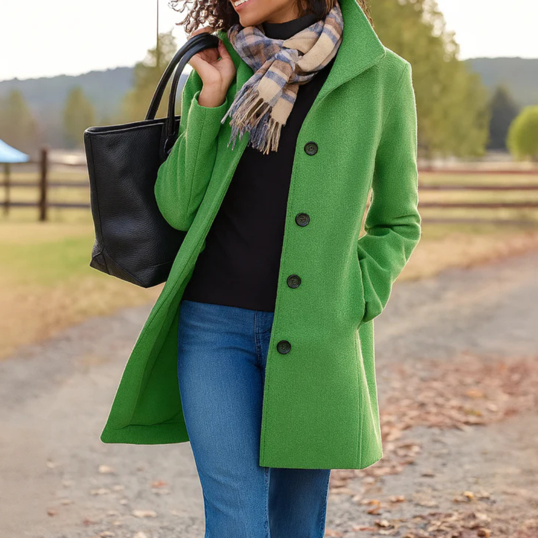 Manteau long femme boutonné à col montant élégant