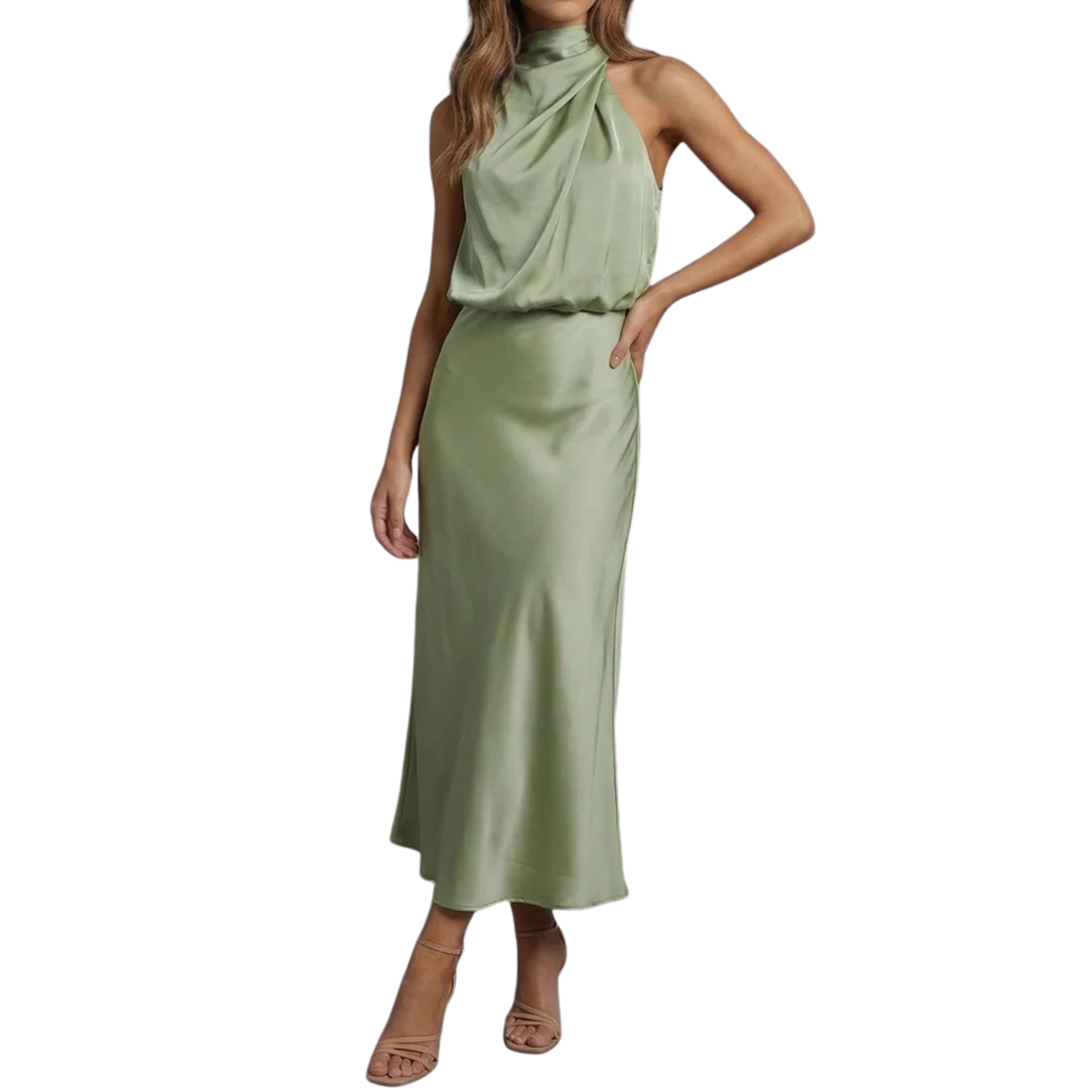 Robe de Soirée Wedding Guest Dress Satinée à Dos Nu et Encolure Américaine