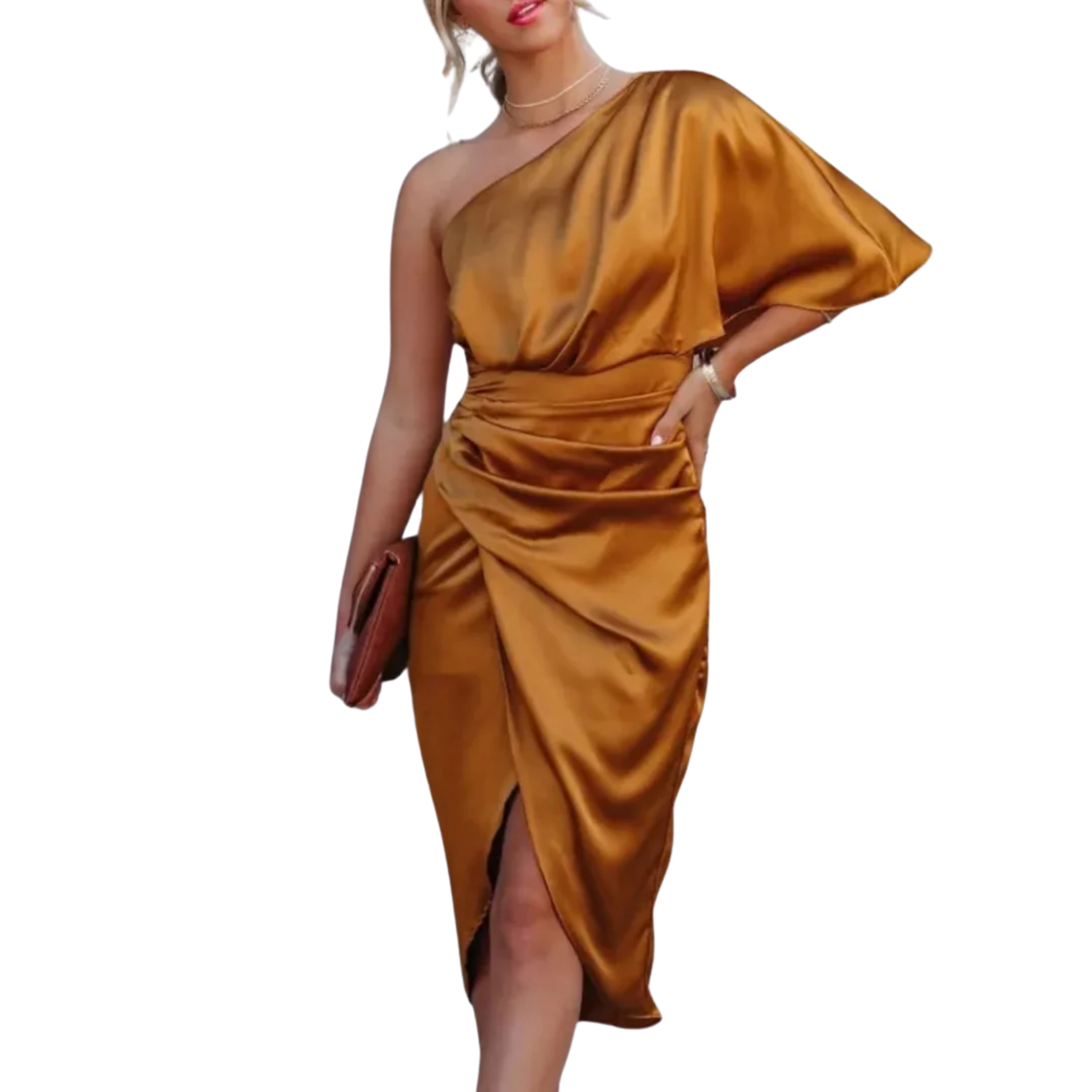 Robe Invitée de Mariage en Satin à Épaule Dénudée et Coupe Portefeuille