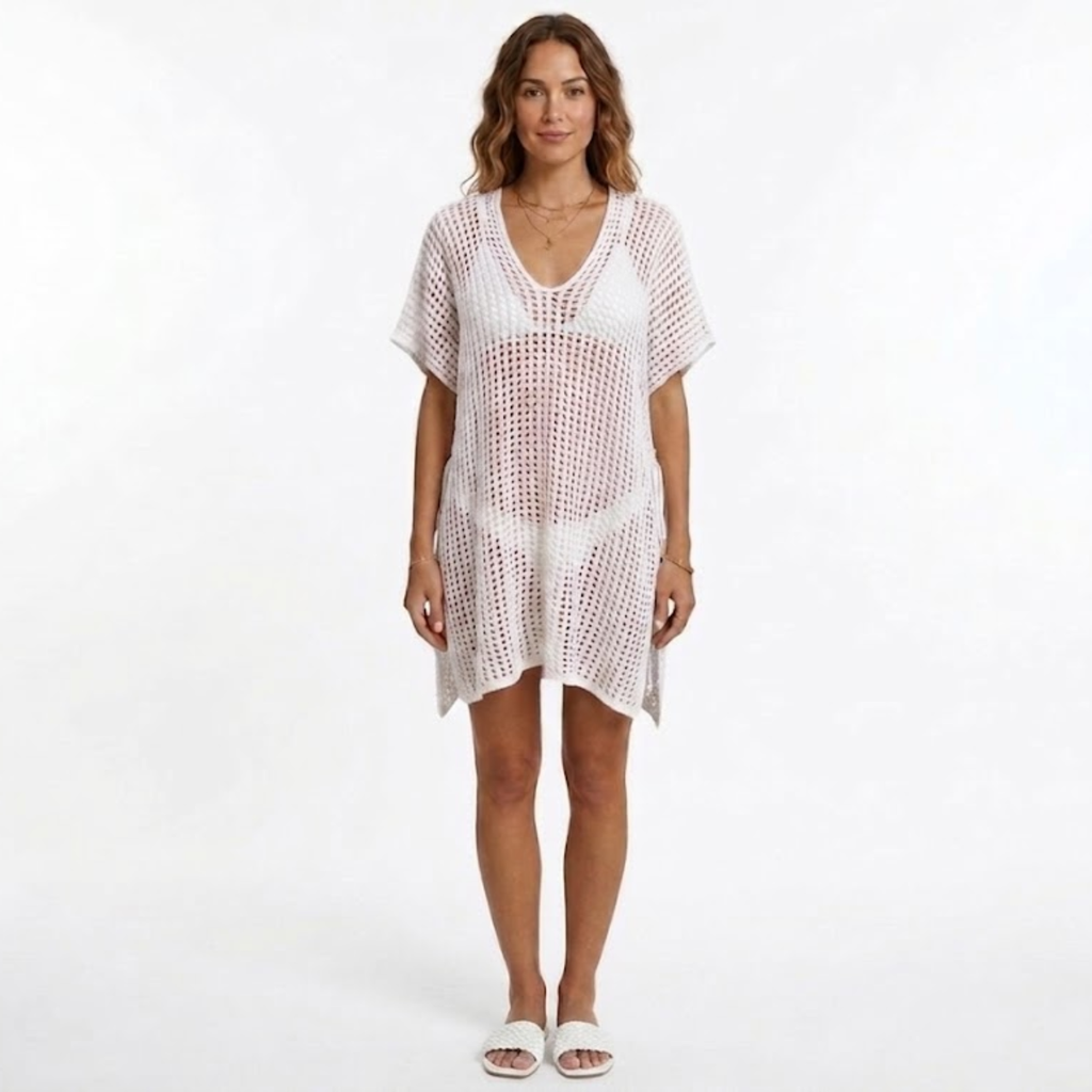 Tunique de Plage Women's Beach Cover Up en Maille Crochetée à Manches Courtes