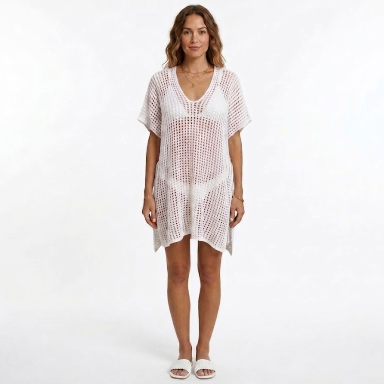 Tunique de Plage Women's Beach Cover Up en Maille Crochetée à Manches Courtes