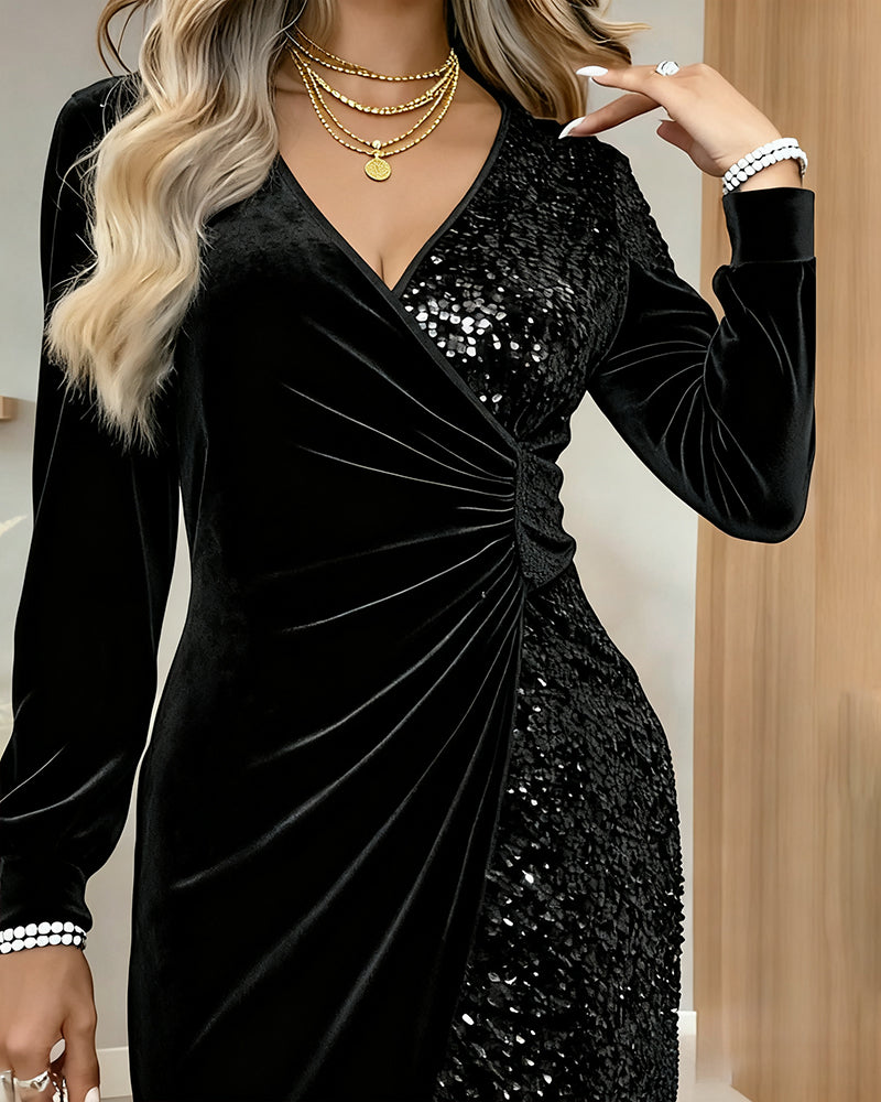 Robe en Velours à Paillettes avec Décolleté en V Sexy