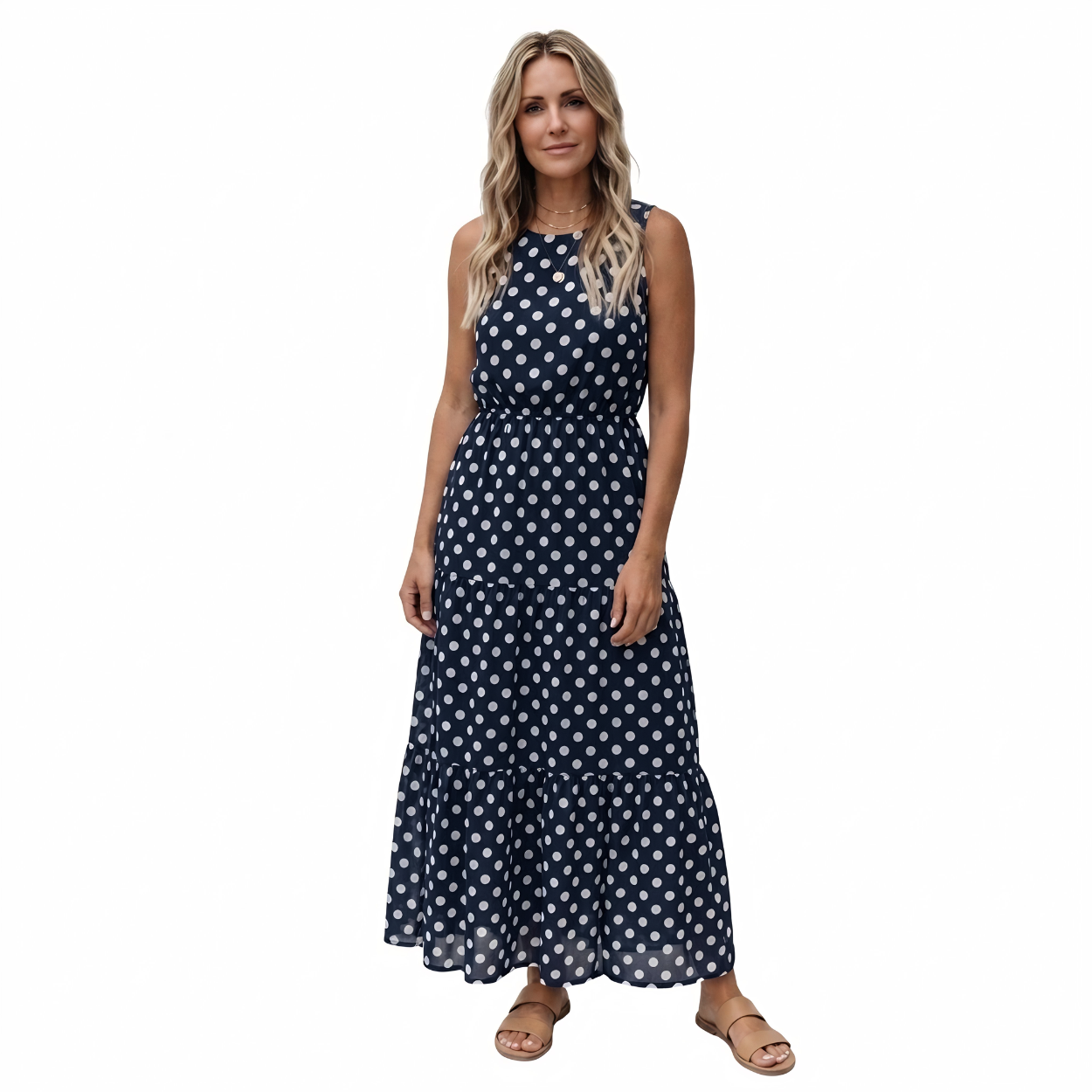 Robe à Pois sans Manches Coupe Midi Évasée et Col Rond pour Femme