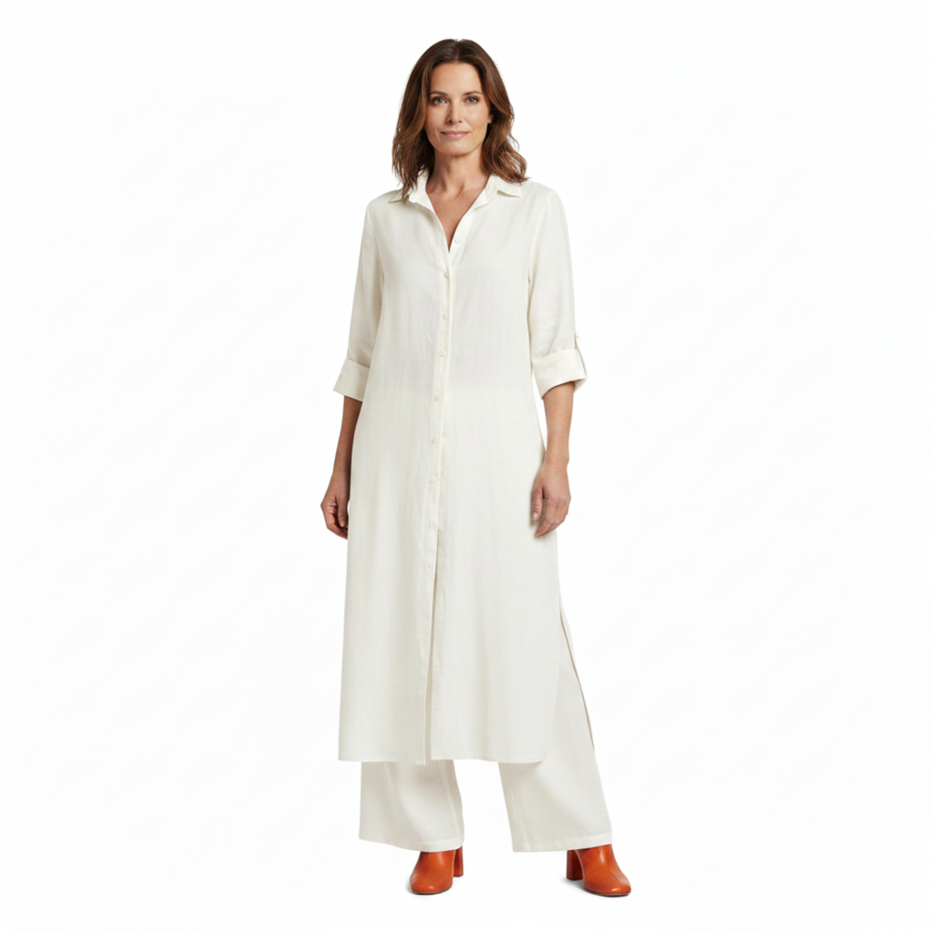 Ensemble Coordonné Chemise Longue à Boutons et Pantalon Large en Lin Mélangé