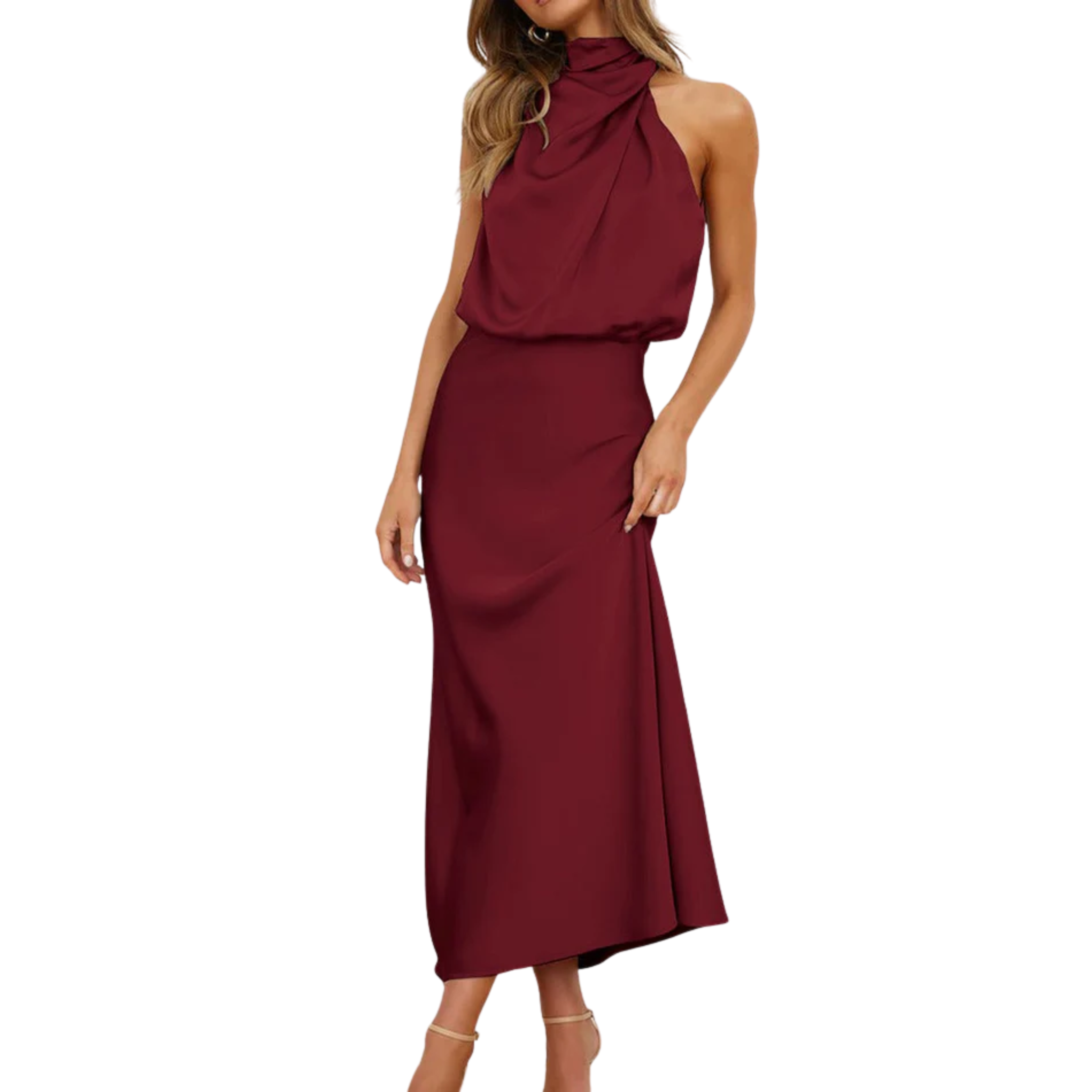 Robe Midi en Satin avec Col Drapé et Design à Dos Nu