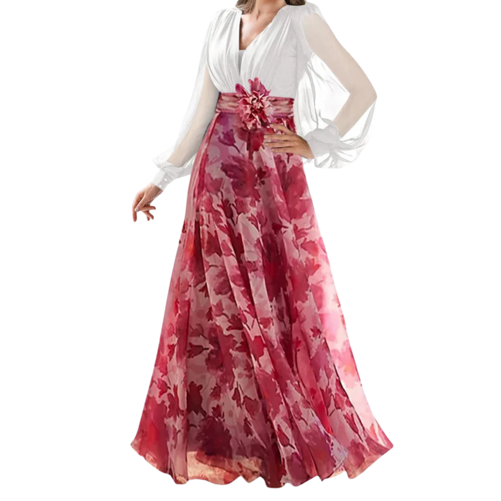 Robe de Soirée Wedding Guest Dress Fleurie avec Manches Ballons et Col en V