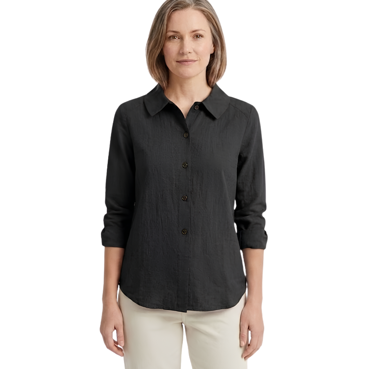 Surchemise Femme Coupe Oversize avec Boutons Contrastés et Manches Retroussables