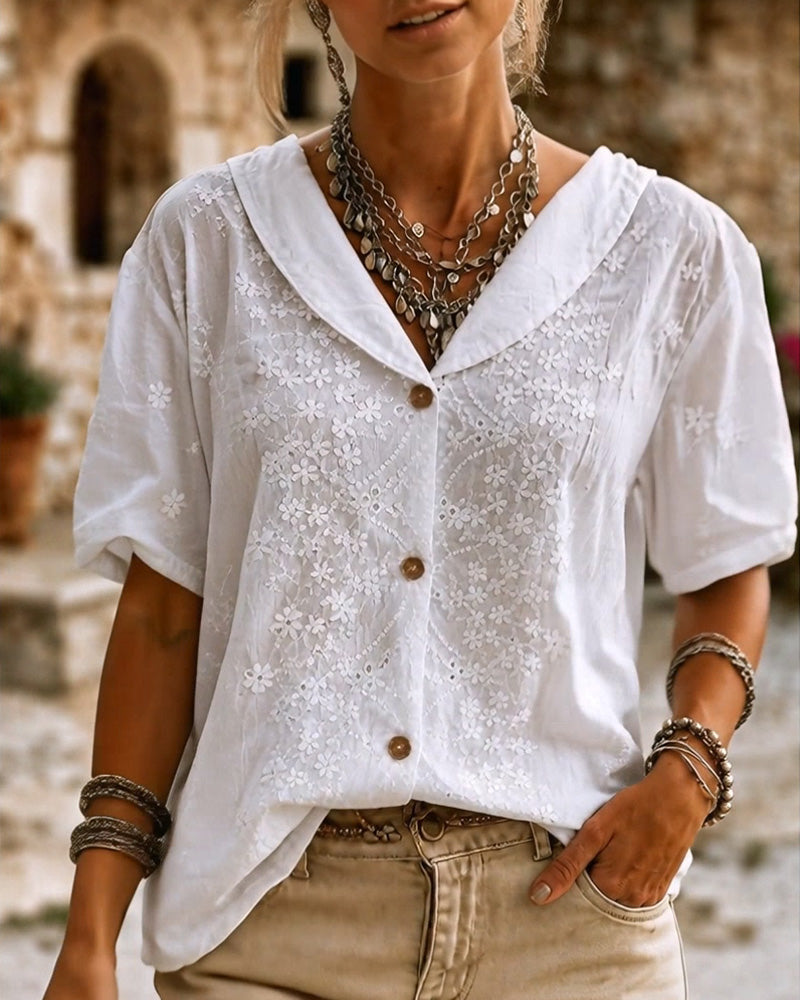 Blouse Revers Bouton Tridimensionnelle Fleurie