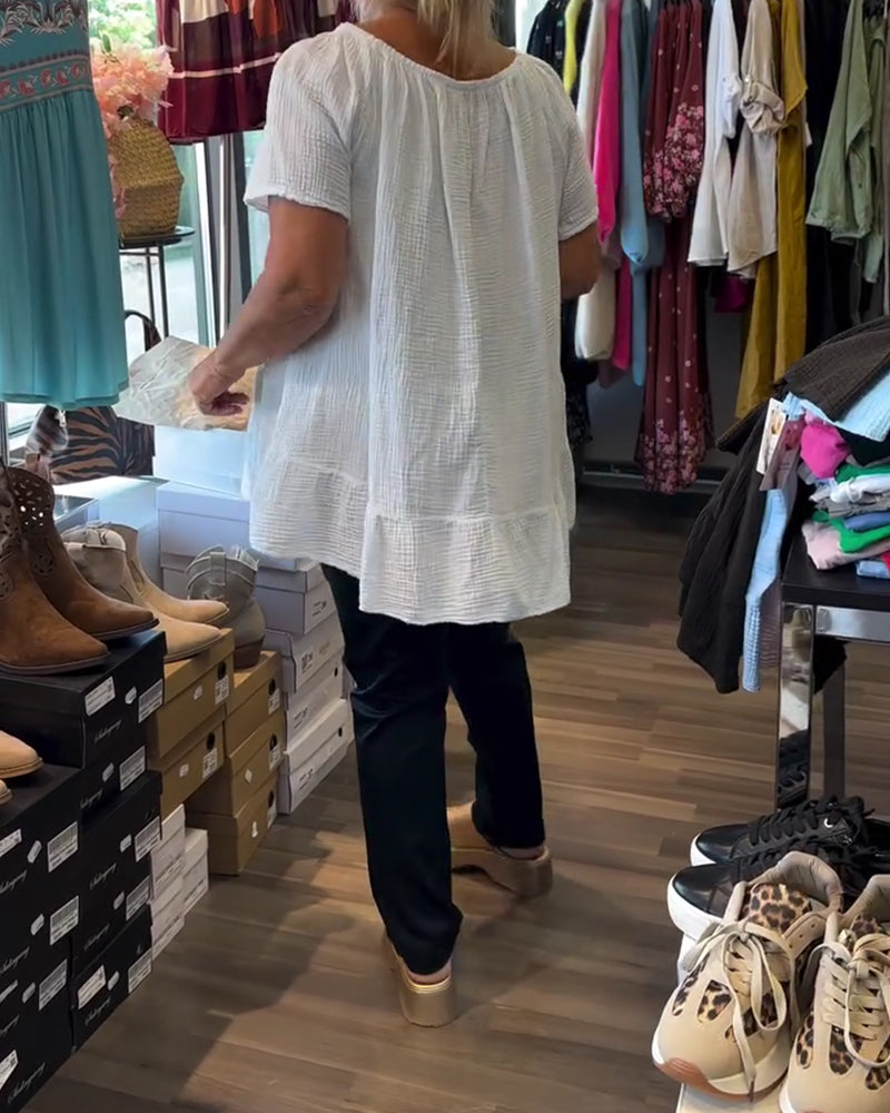 Blouse Col Rond Froncée Décontractée Unie