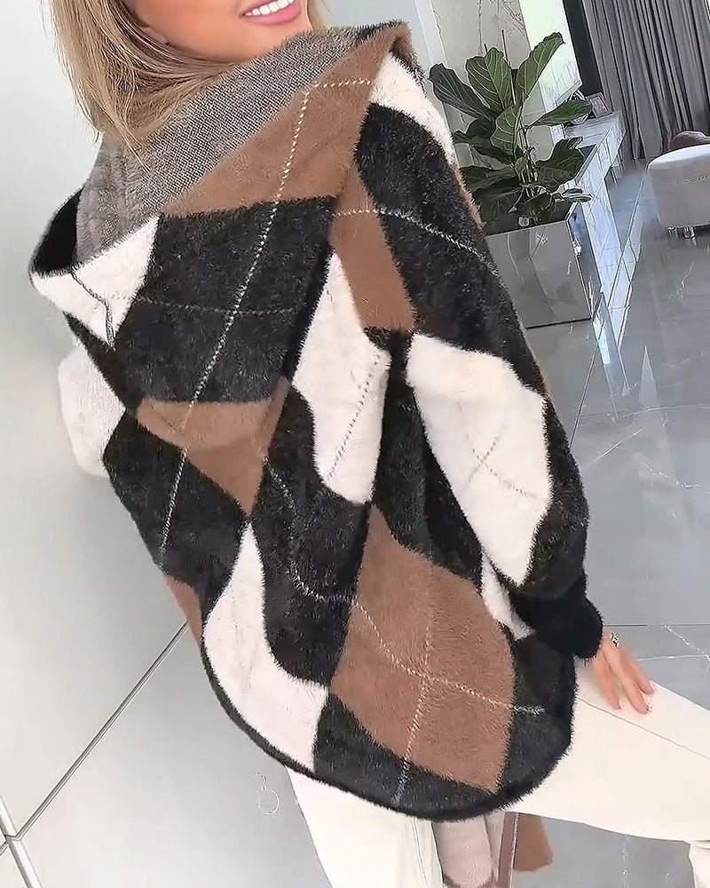 Cardigan À Carreaux Bloc De Couleur Capuche Fermeture Éclair