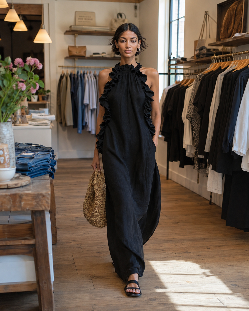 Felene | Robe maxi en lin sans manches avec volants