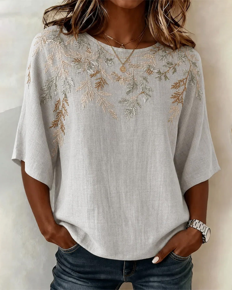 Blouse Col Rond Manches Mi-Longues Motif Feuille
