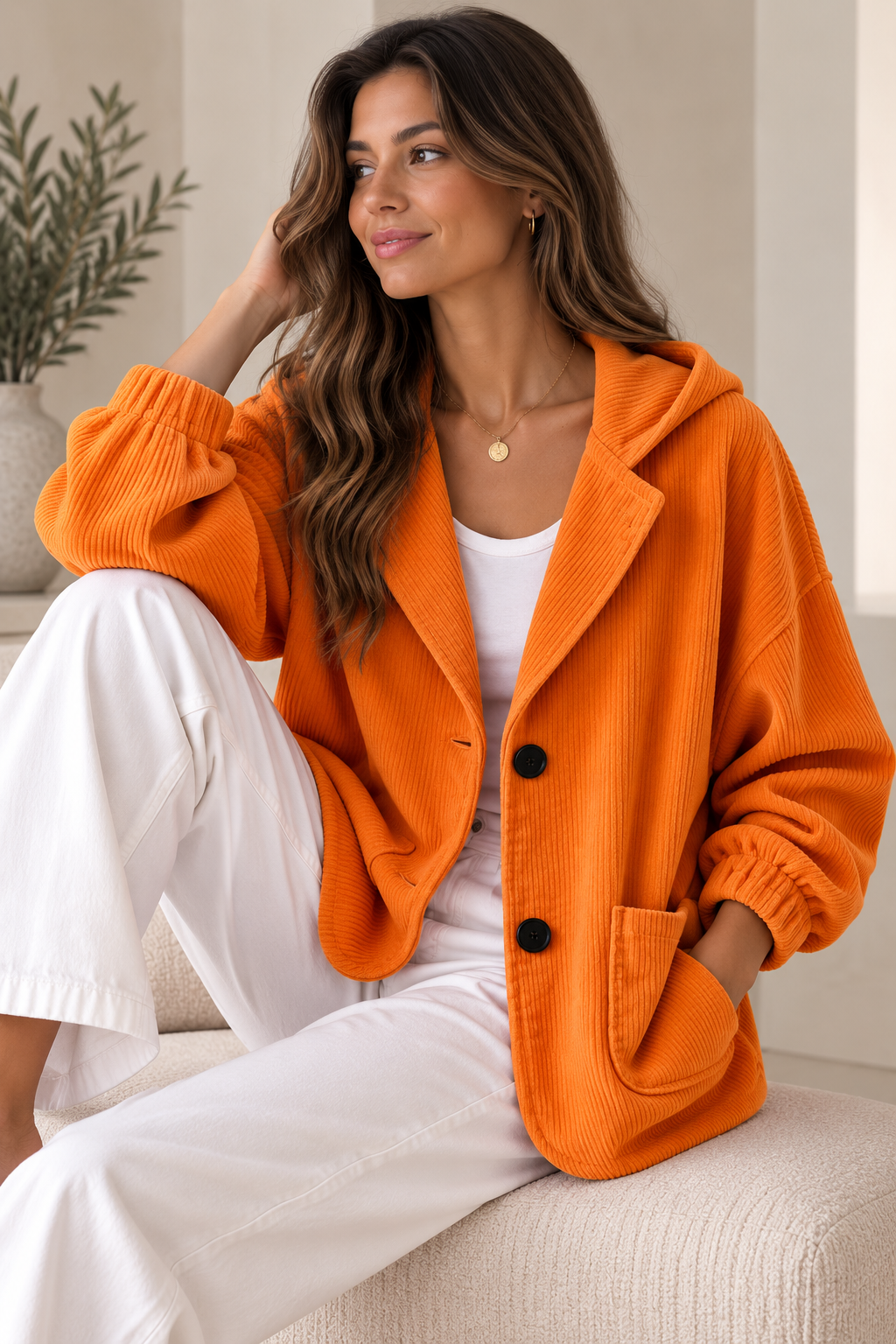 Veste oversize femme en velours côtelé à capuche