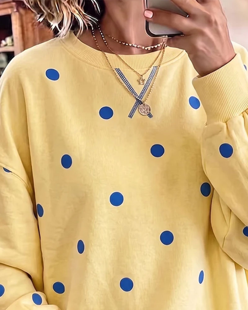 Sweatshirt Col Rond Polka Dot Fente Épaule Tombante Asymétrique