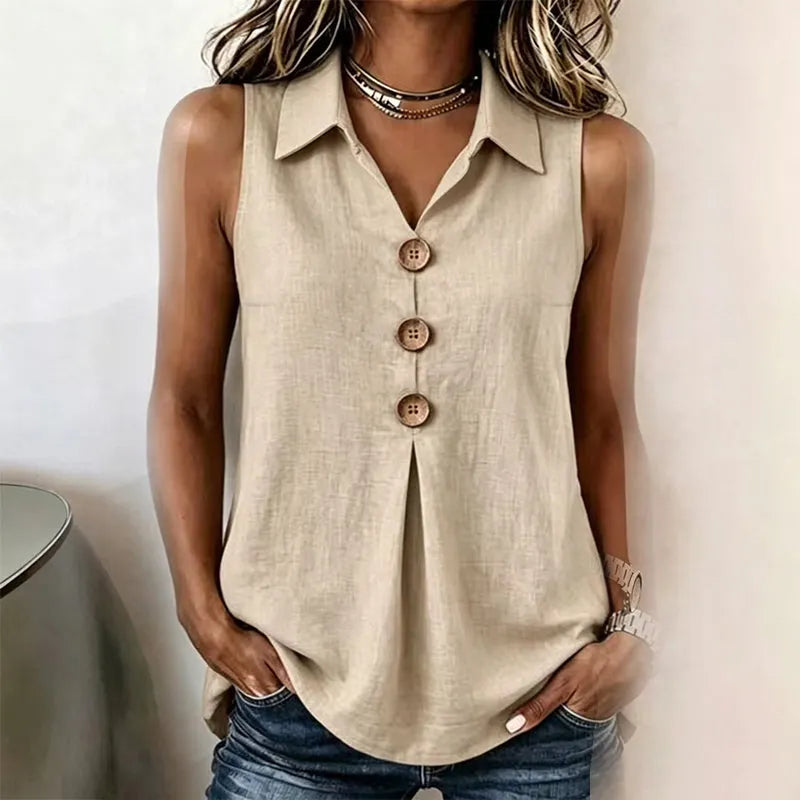 Chemise sans manches femme en coton avec boutons décoratifs