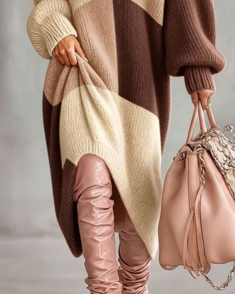 Robe Longue en Tricot à Col V à Motif Carreaux
