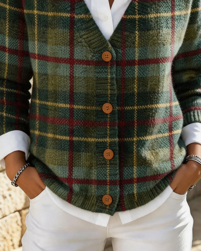 Cardigan Vintage à Carreaux avec Boutons et Col V