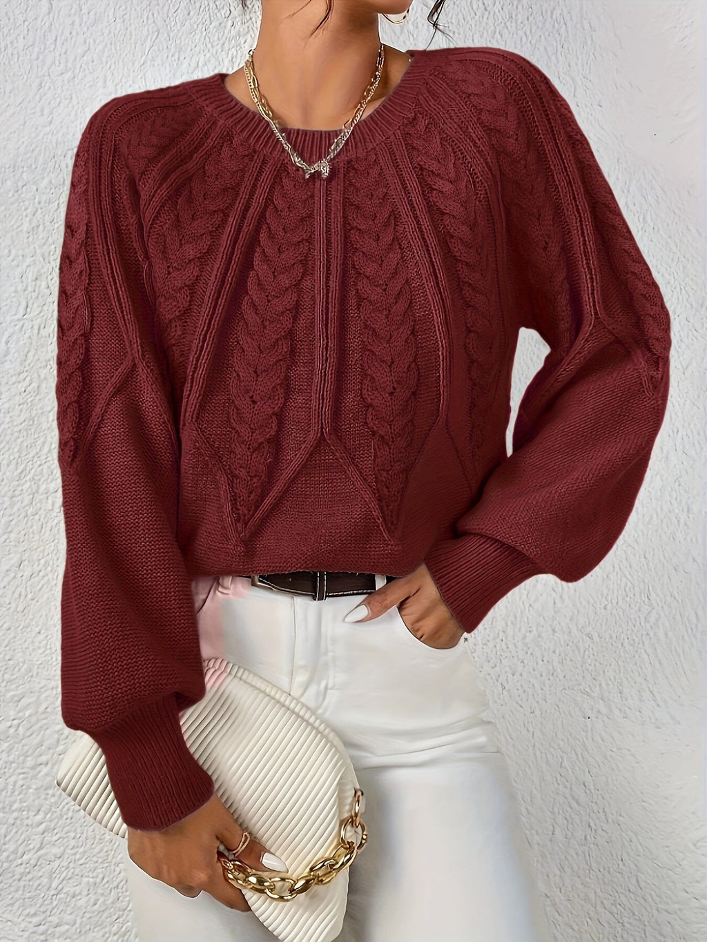 Pull en Tricot à Câbles pour Femme avec Col Rond et Manches Raglan