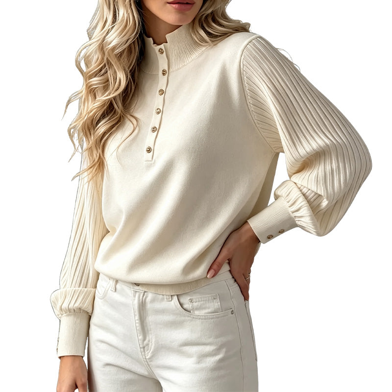 Pull Col Roulé Bouton Côtelé Manches Bouffantes